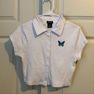 Cropped button up embroidered t-shirt